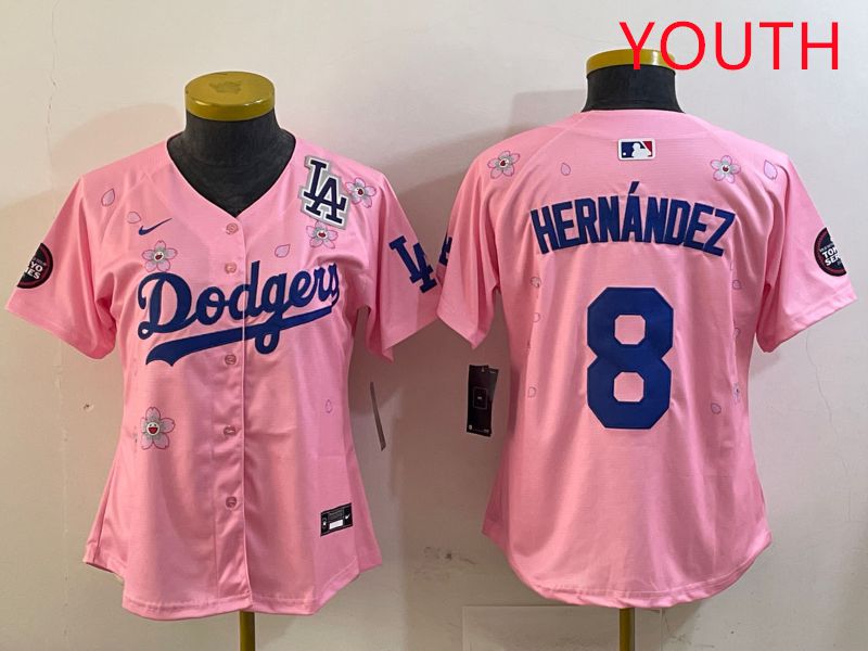 Youth Los Angeles Dodgers #8 Hernandez Pink Sakura Edition 2025 Nike MLB Jersey style 5->youth mlb jersey->Youth Jersey